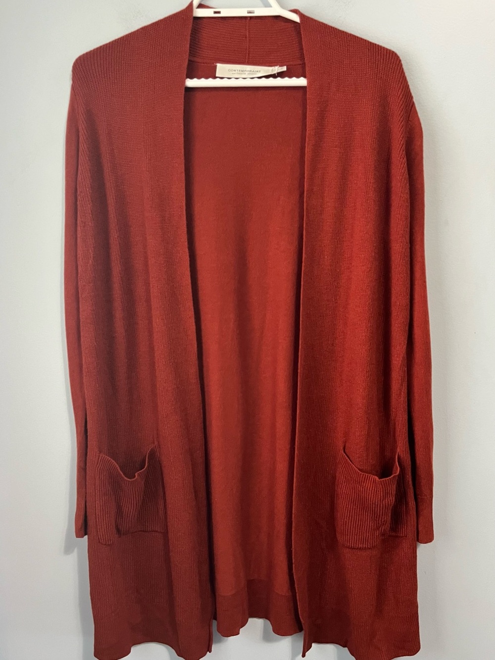 Contemporaine Rust Orange Long Open-Front Cardigan Sweater Pockets Size S